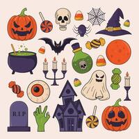 uppsättning av halloween fest ikon, pumpa spöke häxa hatt godis besatt hus kittel trolldryck flaska eyeball ljus zombie hand illustration vektor