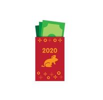 Geld auf rotem Umschlag Angpao Chinesisches Neujahrsgeschenk mit Ratte und 2020 Textdekoration Ornament in Cartoon flache Illustration vektor