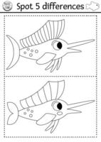 hitta skillnader spel. under de hav svart och vit pedagogisk aktivitet med söt segla fisk. hav liv linje pussel för barn med vatten djur. under vattnet tryckbar färg sida vektor
