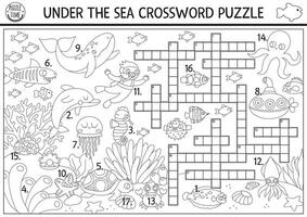 schwarz und Weiß unter das Meer Kreuzworträtsel Puzzle zum Kinder. einfach Ozean Leben Linie Quiz mit Marine Landschaft zum Kinder. lehrreich Aktivität, Färbung Seite mit Fisch, U-Boot, Wasser Tiere vektor