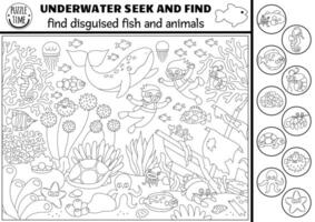 svart och vit under de hav sökande spel med hav landskap, dykare. fläck dold fisk. enkel hav liv söka och hitta aktivitet, färg sida för ungar. förtäckt vatten djur jaga vektor