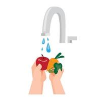 Waschen von frischem Obst und Gemüse, Hygiene gesundes Essen flacher Illustrationsvektor vektor