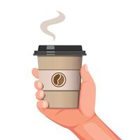 hand som håller engångs kaffekopp symbol för kaffedryck kaféprodukt i tecknad realistisk illustration vektor isolerad i vit bakgrund