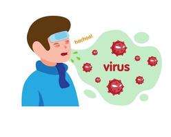 Junge kranke Grippe und Niesen mit Virus im Luftsymbol. Cartoon flacher Illustrationsvektor isoliert in weißem Hintergrund vektor