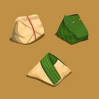 Reisverpackung in Bananenblatt und Papier asiatisches traditionelles Lebensmittelsymbolkonzept im Karikaturillustrationsvektor vektor