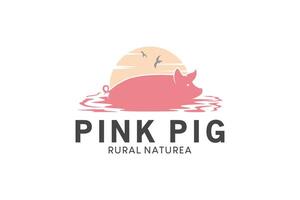 Logo Design von ein Rosa Schwein spielen im Wasser oder Schlamm auf ein Sonne Hintergrund vektor