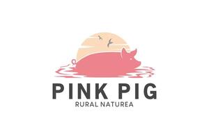 logotyp design av en rosa gris spelar i vatten eller lera på en Sol bakgrund vektor