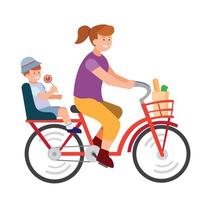 Mutter reitet Fahrrad mit Babysitz und Einkaufstasche, Frau auf dem Fahrrad mit ihrem Kind, das zur Schule geht, flacher Illustrationsvektor vektor
