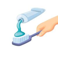 Zahnpasta auf Zahnbürste zur Hand. Zähneputzen, Zahnpflege im Cartoon-Illustrationsvektor isoliert in weißem Hintergrund vektor