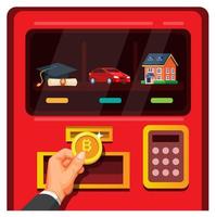 Geschäftsmann fügt Bitcoin in den Automaten mit akademischem, Auto- und Eigentumssymbol im Cartoon-Illustrationsvektor ein vektor