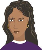 ritad för hand avatar flicka med lång mörk hår och mörk hud. illustration av en flicka av latin utseende med örhängen i henne öron. indisk utseende och ansiktsbehandling funktioner är också lämplig. vågig vektor