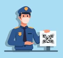 Polizeisicherheit mit Maske, die das qr-Code-Board-Impfstoff-App-Protokoll im pandemischen Illustrationsvektor hält vektor