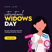 International Witwen Tag. 23 .. Juni International Witwen Tag Feier Banner mit ein Witwe Frau im Weiß Kleid, Frau Zeichen und Rosa Band zu Show Unterstützung Sie brauchen. vektor