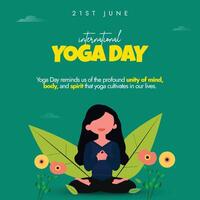 internationell yoga dag 21:e juni baner, social media posta. yoga dag firande baner med en flicka håller på med padmasana, sukhasana utgör i öppen luft. de tema för 2024 är yoga för kvinnor bemyndigande. vektor