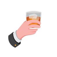 Geschäftsmann Hand, die Whisky- oder Rumglas mit Eiswürfeln hält. alkoholgetränktasse für luxusfeierpartygetränk mit orange flüssiger karikatur flacher illustrationsvektor isoliert vektor
