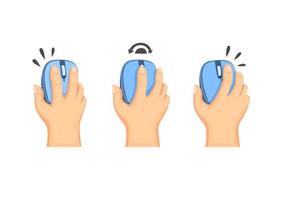 Hand, die Computermaus, drahtloses Mausführungs-Anweisungssymbol im Karikaturillustrationsvektor auf weißem Hintergrund hält vektor