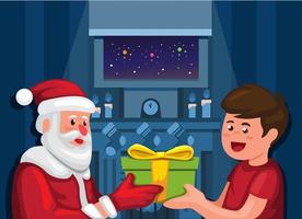 jultomten ger presentask till pojken i julnatt vintersäsongen tecknad illustration vektor