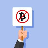 Hand halten Warnung kein Bitcoin-Symbol für Protest und Verbot von Kryptowährungs-Cartoon-Illustrationsvektor vektor