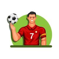 Fußballspielerstern, der Ball hält. professionelles athlet sport avatar maskottchenkonzept im karikaturillustrationsvektor vektor
