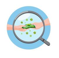 förstoringsglas upptäckt pengar med bakterier, infekterade virus förebyggande tecknad platt illustration vektor