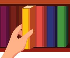 Hand, die Buch aus dem Bücherregal nimmt. Buchhandlung, Bibliothek Cartoon Illustration Vektor
