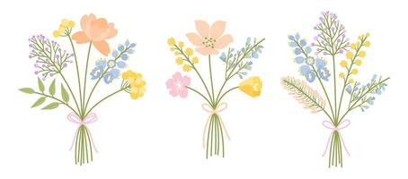 vild blomma buketter. uppsättning av tre blommig illustrationer. delikat blommor, löv, äng örter, och vild växter för design projekt. vår och sommar kompositioner vektor