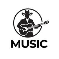 Mann Silhouette Design tragen Cowboy Hut spielen klassisch Gitarre Briefmarke mit Kreis Linie zum Musical Instrument Logo vektor