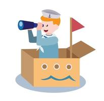 Seemannskinder verwenden ein Fernglasspielzeug auf einem Bootskarton mit roter Flagge, Symbol, Symbol, flacher Illustrationsvektor vektor
