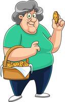 glücklich Oma Karikatur Charakter mit ein Korb von hausgemacht Kekse vektor