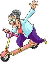 glücklich Oma Karikatur Charakter Fahren Roller und winken vektor