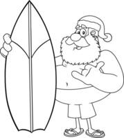 umrissen Santa claus Karikatur Charakter mit ein Surfbrett geben ein Daumen oben vektor