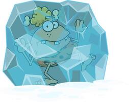 gefroren Höhlenfrau Karikatur Charakter im ein Block von Eis vektor