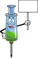 glücklich medizinisch Spritze Impfstoff Karikatur Charakter halten ein leer Zeichen vektor