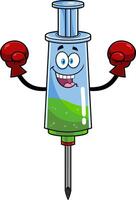 glücklich medizinisch Spritze Impfstoff Karikatur Charakter tragen Boxen Handschuhe vektor