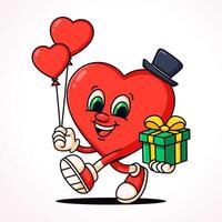 kärlek hjärta bärande gåva låda och hjärta ballong, tecknad serie maskot vektor