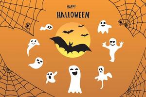 Lycklig halloween baner eller fest inbjudan. illustration med fladdermöss, spöken och spindelväv. vektor
