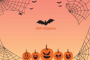 Lycklig halloween baner eller fest inbjudan. illustration med fladdermöss, spöken, pumpor och spindelväv. vektor