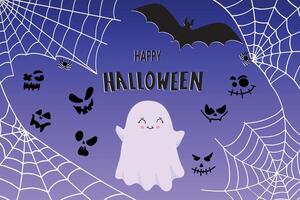 Lycklig halloween baner eller fest inbjudan bakgrund med fladdermöss, spöken och spindelväv. illustration vektor