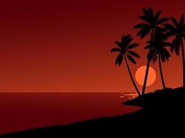 utsikt över stranden vid solnedgången med röd himmel och palmer i siluett vektor