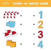 Zählen und Match-Spiel. Zähle die Anzahl der Winter- und Weihnachtsartikel und kombiniere vektor
