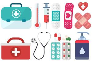 uppsättning av medicinsk objekt och verktyg av en apotek eller läkares kontor tecknad serie illustration isolerat på vit bakgrund. vektor