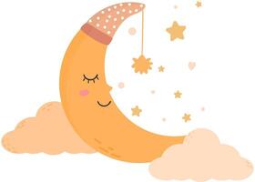 söt orange halv måne sovande i hatt med pompom på natt himmel med stjärnor. vektor