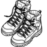Besondere Wandern Schuhwerk mit dick Sohlen im einfarbig. Paar von Leder Spitze oben Wandern Stiefel. einfach minimalistisch im schwarz Tinte Zeichnung auf Weiß Hintergrund vektor