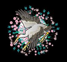 Kran-Illustrationsdesign für Sukajan ist mittleres japanisches traditionelles Tuch oder T-Shirt mit digitaler handgezeichneter Stickerei Männer-T-Shirts Sommer lässiges Kurzarm-Hip-Hop-T-Shirt Streetwear vektor