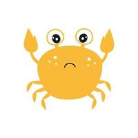 traurige gelbe Krabbe auf weißem Hintergrund. Kinder-Vektor-Cartoon-Illustration, Zeichentrickfigur. Zeichnung für Kinderzimmergestaltung, Kleidung, Textilien. isolierte Ikone einer Krabbe. vektor