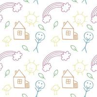 Nahtloser Doodle-Hintergrund für lustige Kinder mit Illustrationen für Kinder von Haus, Person, Zweigen, Regenbogen, Sonne. Vektor-Illustration eines Musters. Textur für Textilien, Kleidung, Verpackungspapier, Geschenk vektor