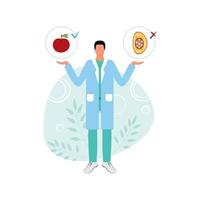 Ein Ernährungsberater bietet die richtige Ernährung oder Junk Food auf weißem Hintergrund. medizinischer Arbeiter, Gewichtsverlust und Diätetik. gesunder und schlanker Körper. Infografiken, Logo-Design, Website-Design vektor