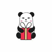 Süßer Panda mit geschlossenen Augen packt ein Geschenk für Neujahr, Geburtstag, Weihnachten oder andere Feiertage aus. lustiger Neujahrsaufkleber 2021. Vektorgrafiken sind humorvolle Illustrationen. Zeichnung für Kinder. vektor