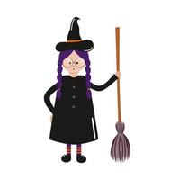 eine hübsche schwarz-violette Hexe hält einen fliegenden Besen. Illustration für den Halloween-Urlaub, isoliert auf weißem Hintergrund. Magie und Zauberei. Vektorgrafik eines Cartoons vektor