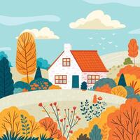 söt höst hus.fall säsong landskap, landsbygden landskap, höst humör. rustik hus, mysigt stugor illustration.platt hand dra vektor